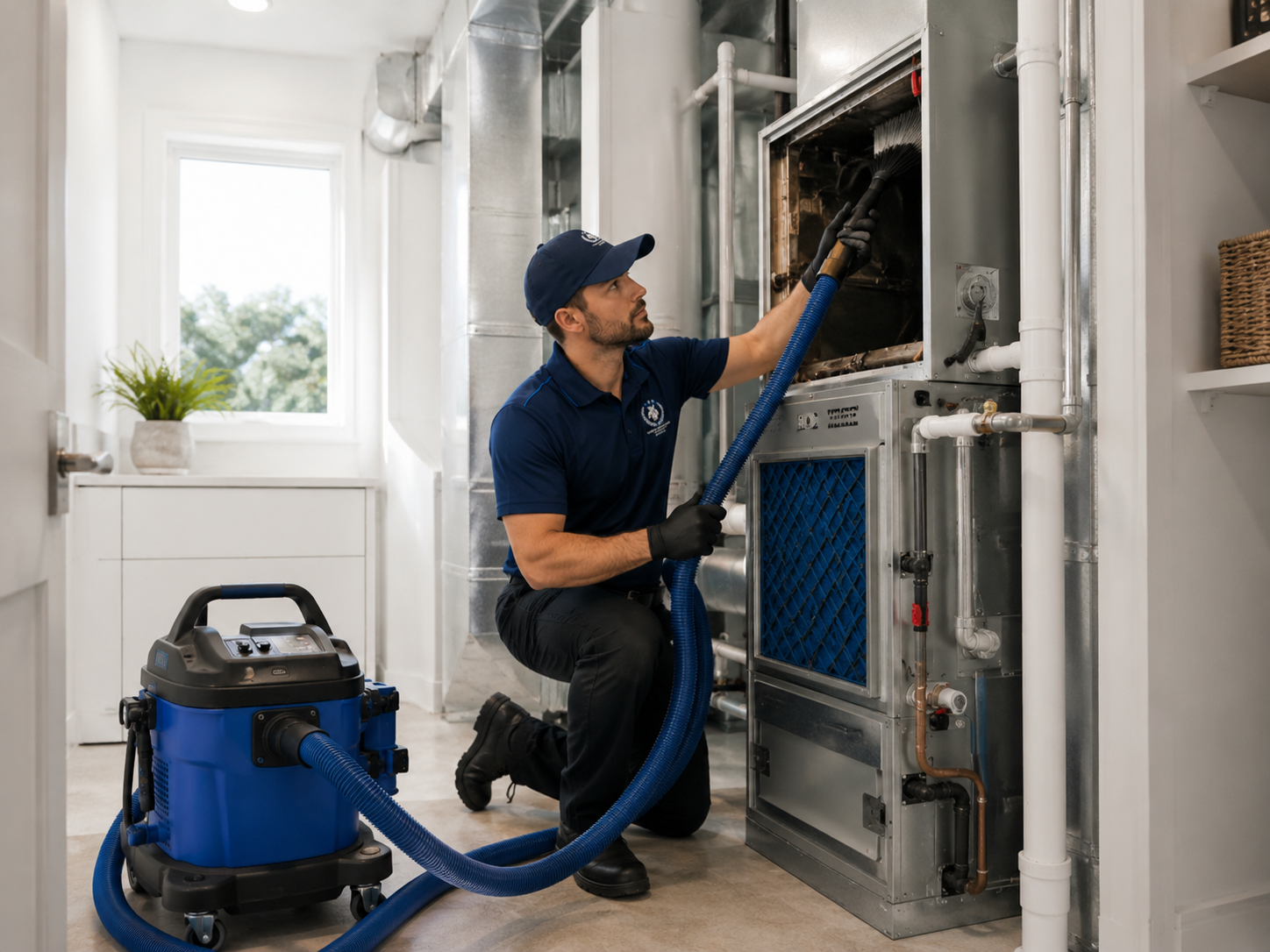 Monarch technician cleaning industrial HVAC ductwork and plenum
