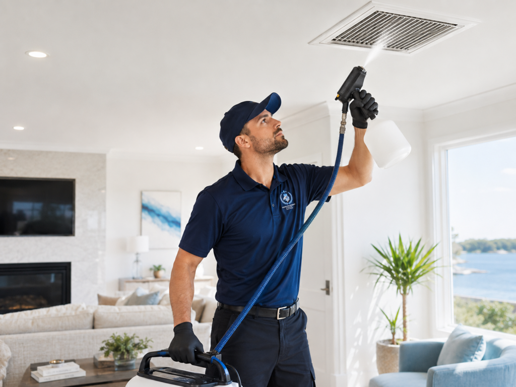 Monarch technician installing a new metal dryer vent on a Long Island home