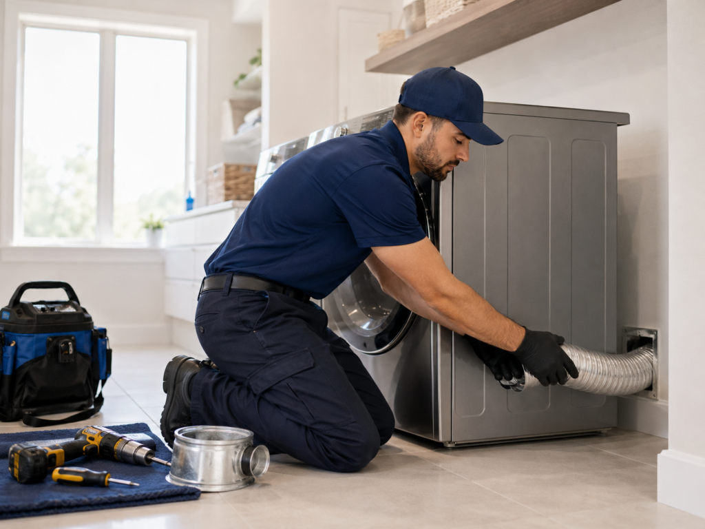 Monarch technician repairing dryer vent behind washer-dryer setup