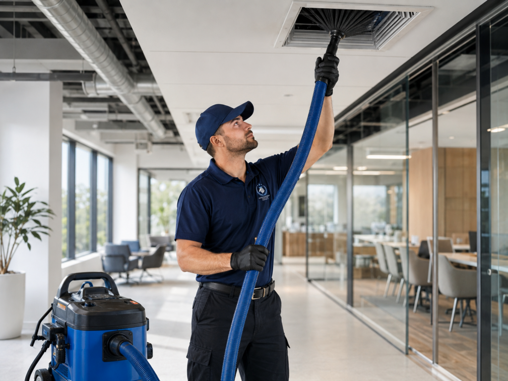 Monarch technician with respirator mask performing mold treatment inside HVAC ductwork