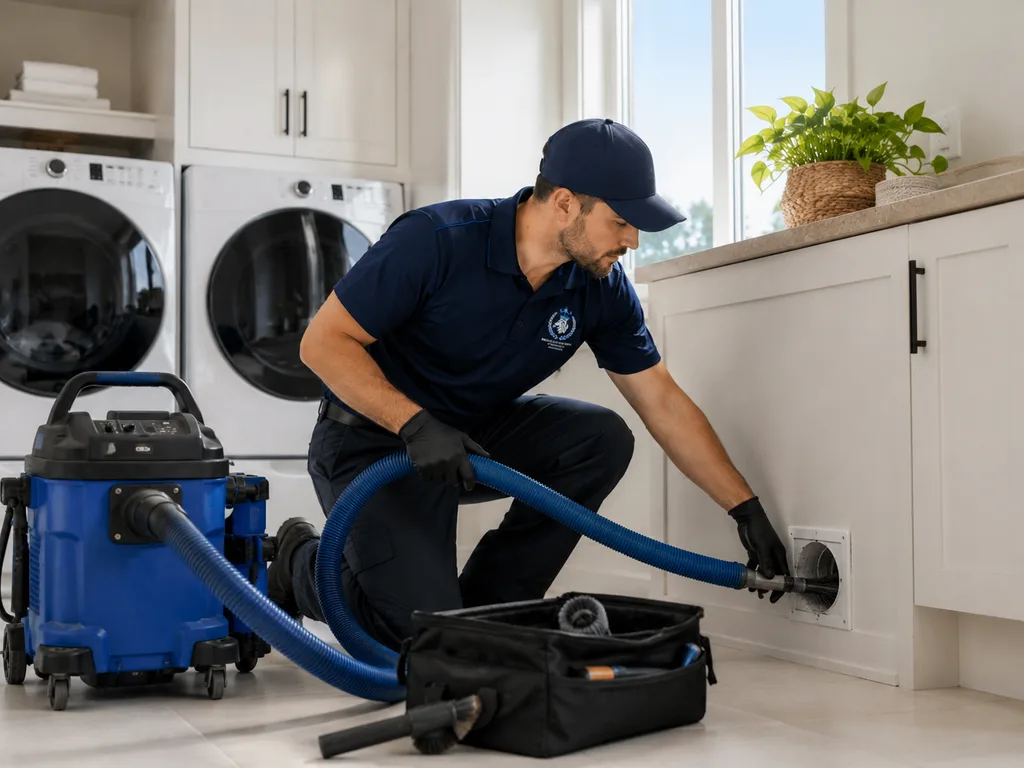 Monarch Air Duct Cleaning technician cleaning a dryer vent in a Long Island home